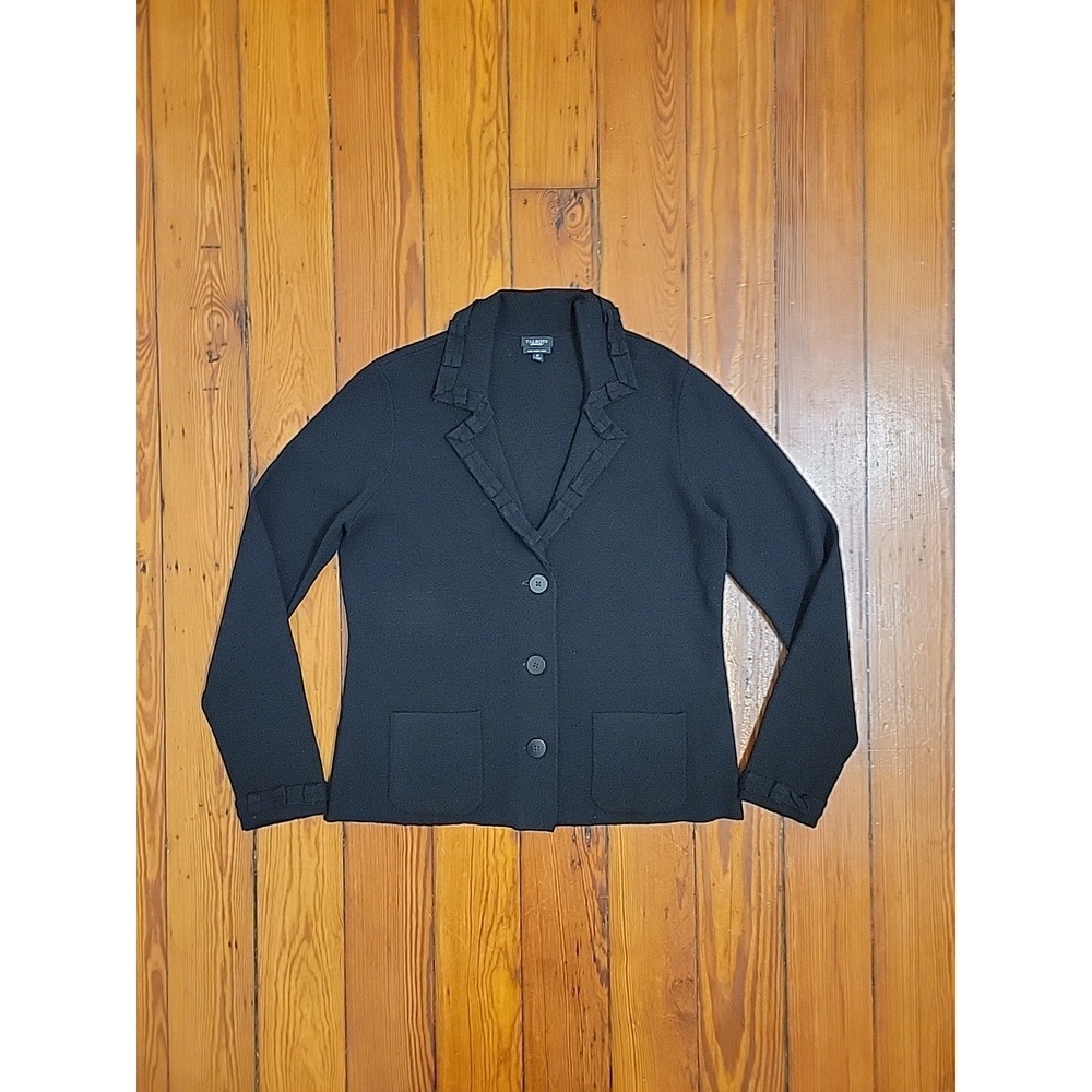 Talbots 100% Merino Wool Ruffle Button Up Black Cardigan Womens M Office Layer